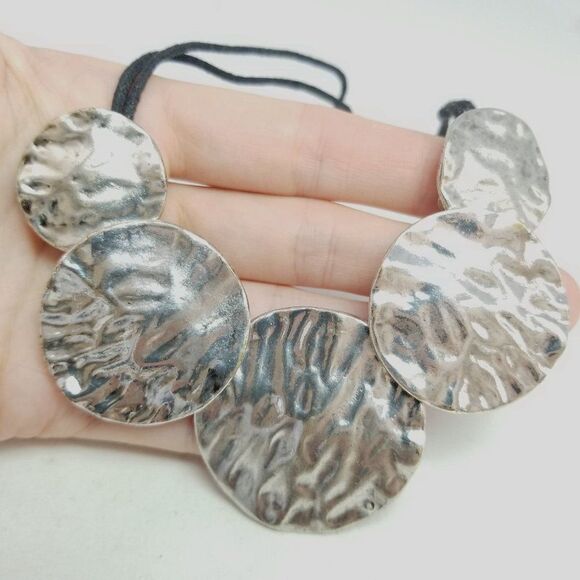 Vintage Chunky Silver Tone Disc Collar Necklace, Statement, Black Cord Setting - Picture 1 of 6
